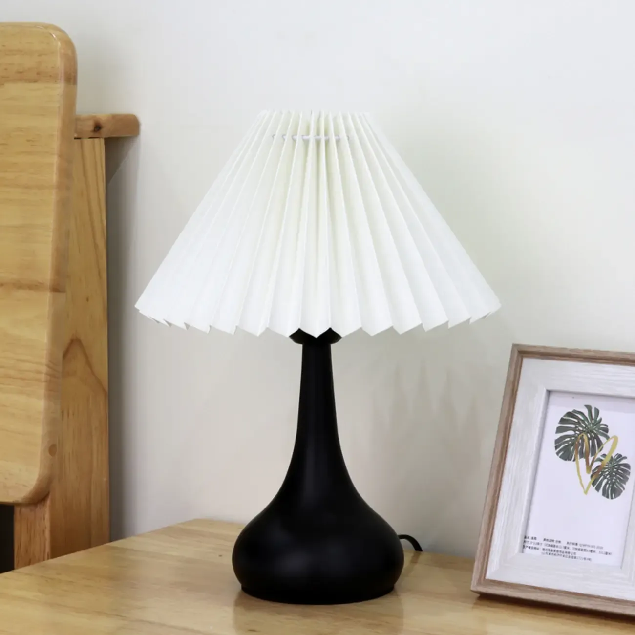 Modern Simple Black LED Table Lamp in Pleated Fabric Shade Image - 2