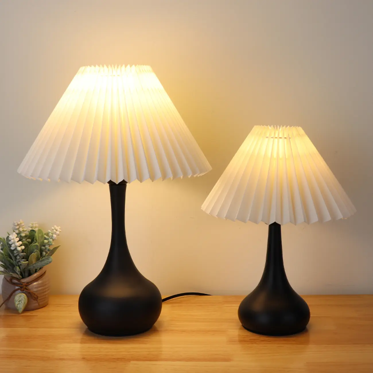 Modern Simple Black LED Table Lamp in Pleated Fabric Shade Image - 6 | homeyfad