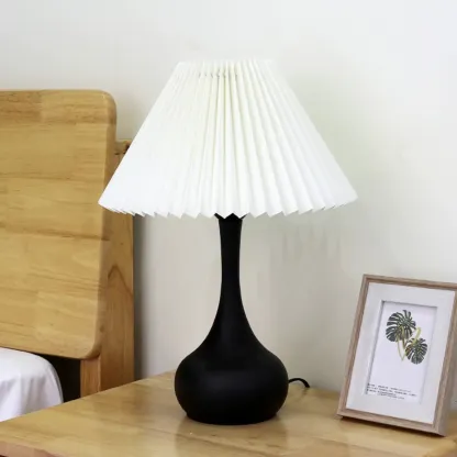 Modern Simple Black LED Table Lamp in Pleated Fabric Shade Image - 7