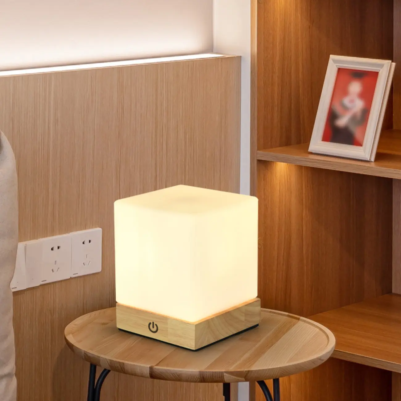 Natural Wood LED Square Glass Shade Cordless Table Lamp Image - 5 | homeyfad