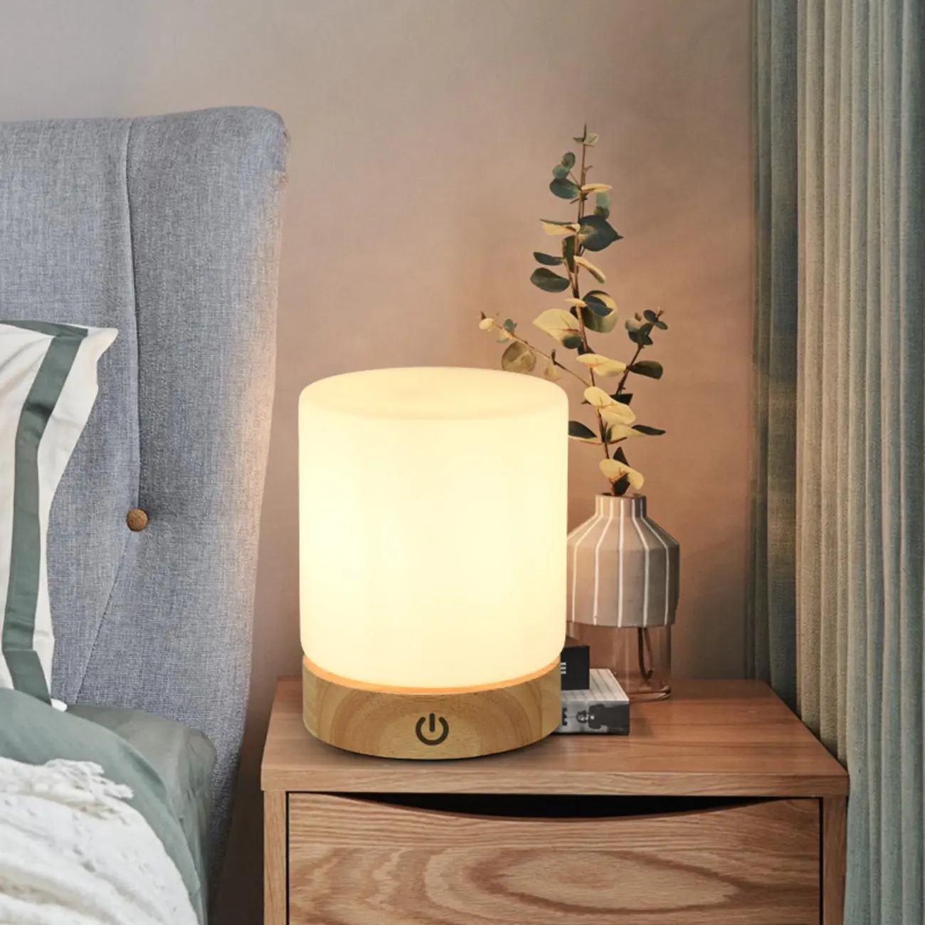 Natural Wood LED Square Glass Shade Cordless Table Lamp Image - 2 | homeyfad