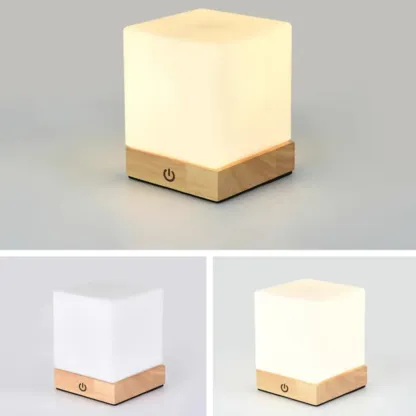 Natural Wood LED Square Glass Shade Cordless Table Lamp Image - 6