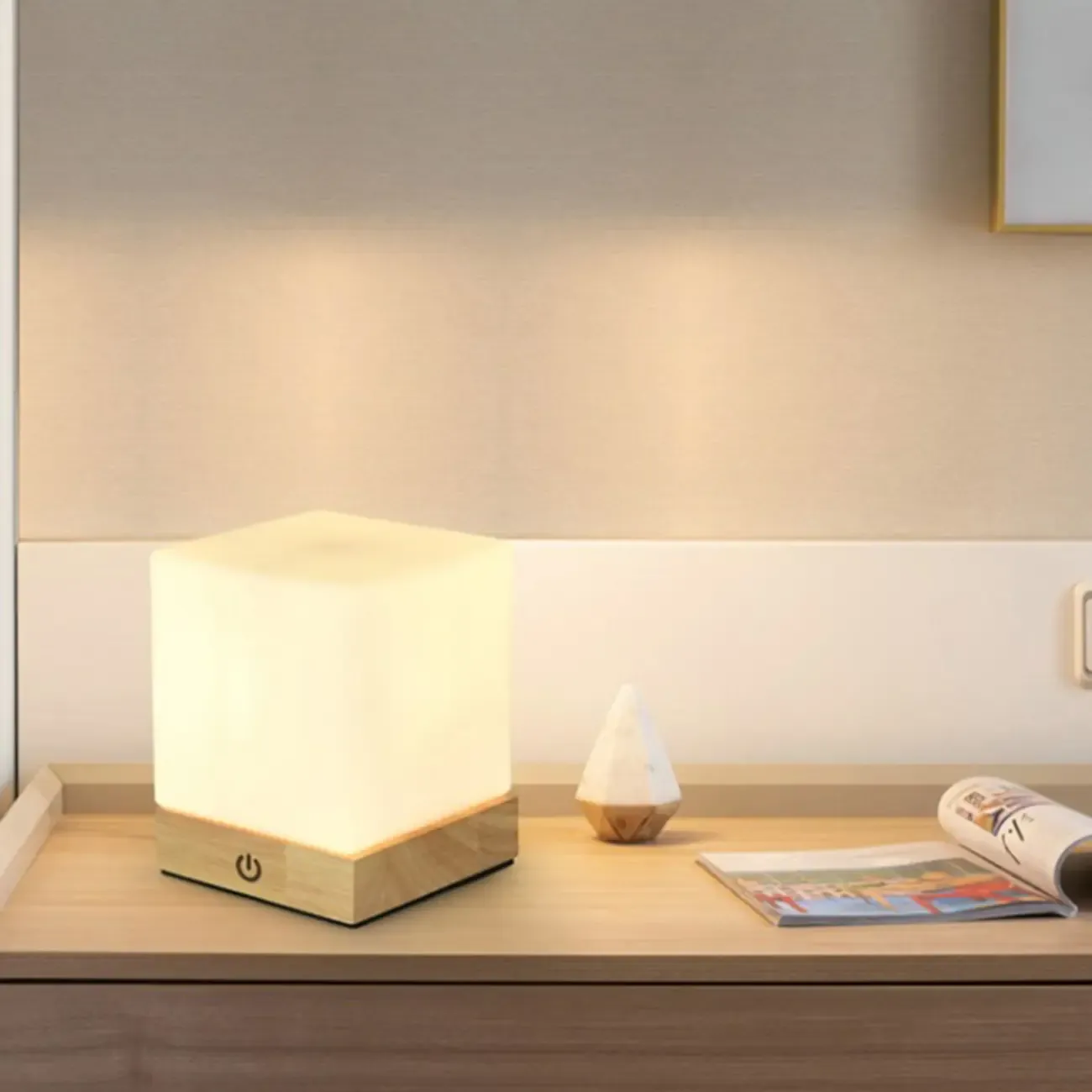 Natural Wood LED Square Glass Shade Cordless Table Lamp Image - 3