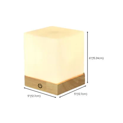 Natural Wood LED Square Glass Shade Cordless Table Lamp Image - 12