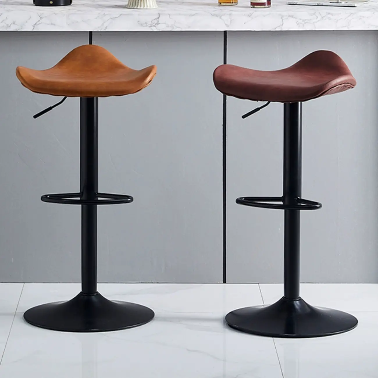 Modern Red Brown Leather Swivel Adjustable Bar Stool Image - 7 | homeyfad