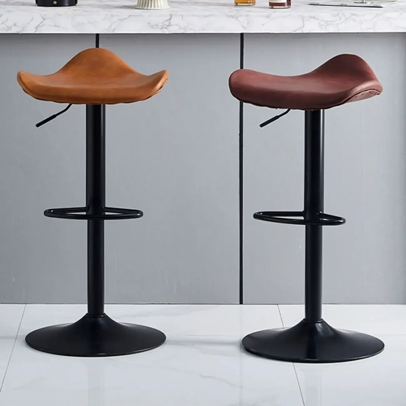 Modern Red Brown Leather Swivel Adjustable Bar Stool Image - 7