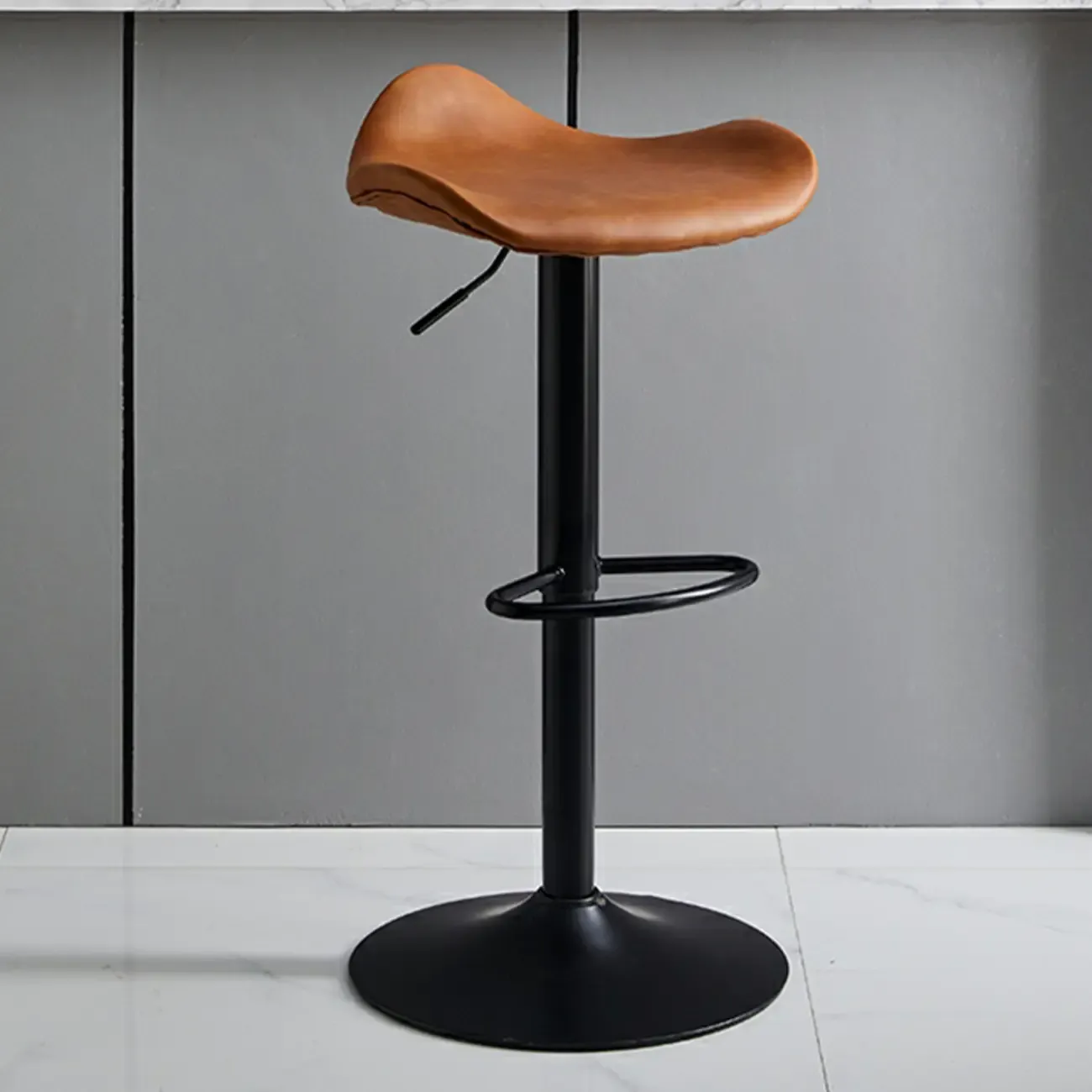 Modern Red Brown Leather Swivel Adjustable Bar Stool Image - 6