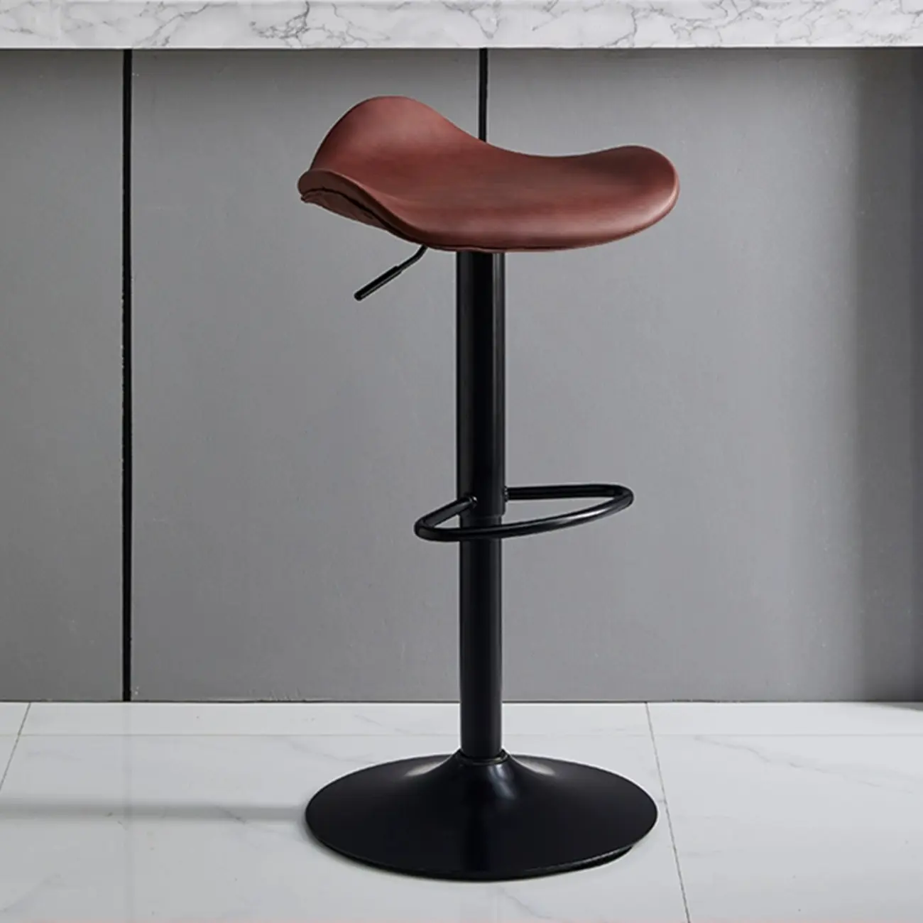 Modern Red Brown Leather Swivel Adjustable Bar Stool Image - 1 | homeyfad