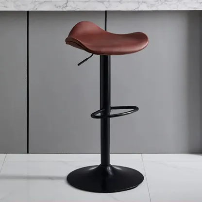 Modern Red Brown Leather Swivel Adjustable Bar Stool Image - 1