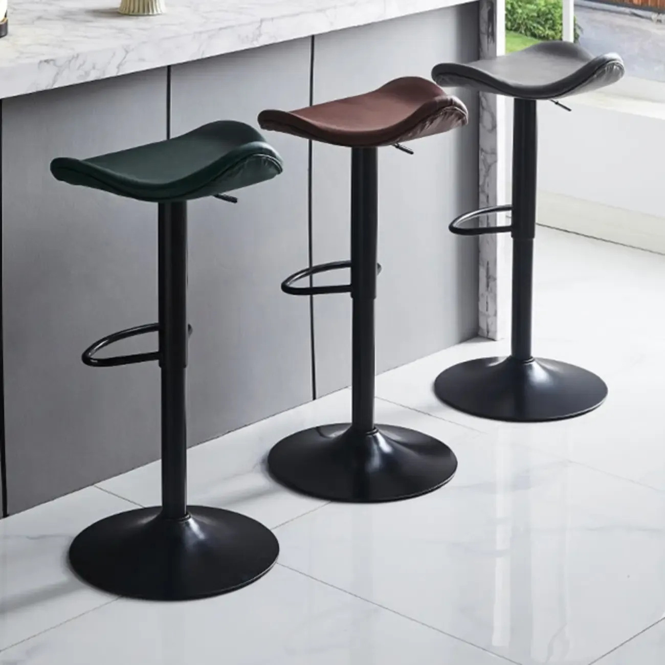 Modern Red Brown Leather Swivel Adjustable Bar Stool Image - 10