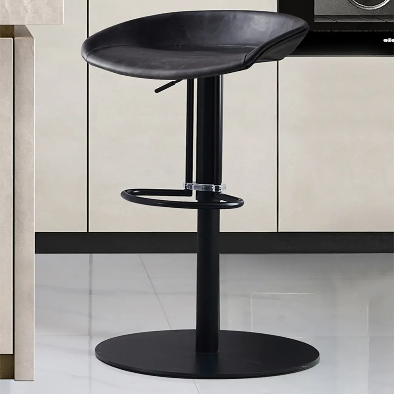 Modern Black Leather Swivel Adjustable Bar Stool Image - 1