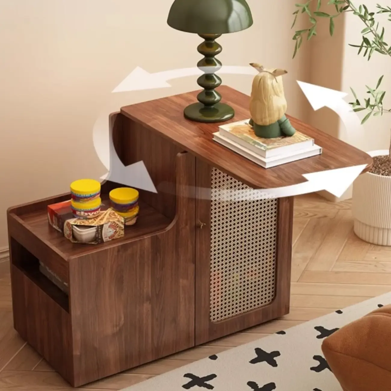 Modern Walnut Wood Rectangular Wheel Side Table Image - 2