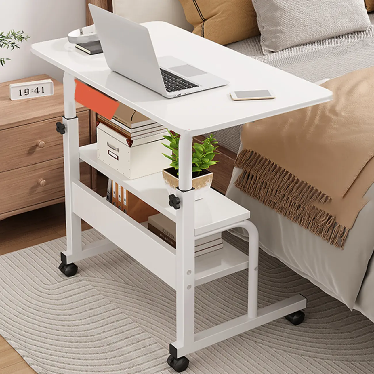 Modern Adjustable Wood Standing Desk Converter with Casters Image - 12 | homeyfad