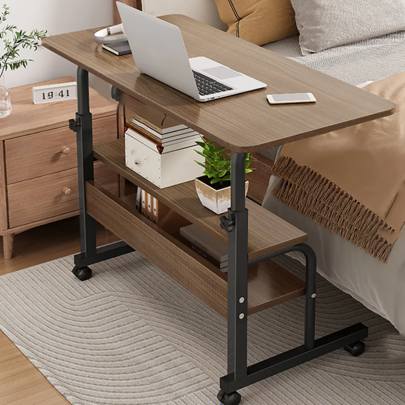 Modern Adjustable Wood Standing Desk Converter with Casters Image - 14 | homeyfad