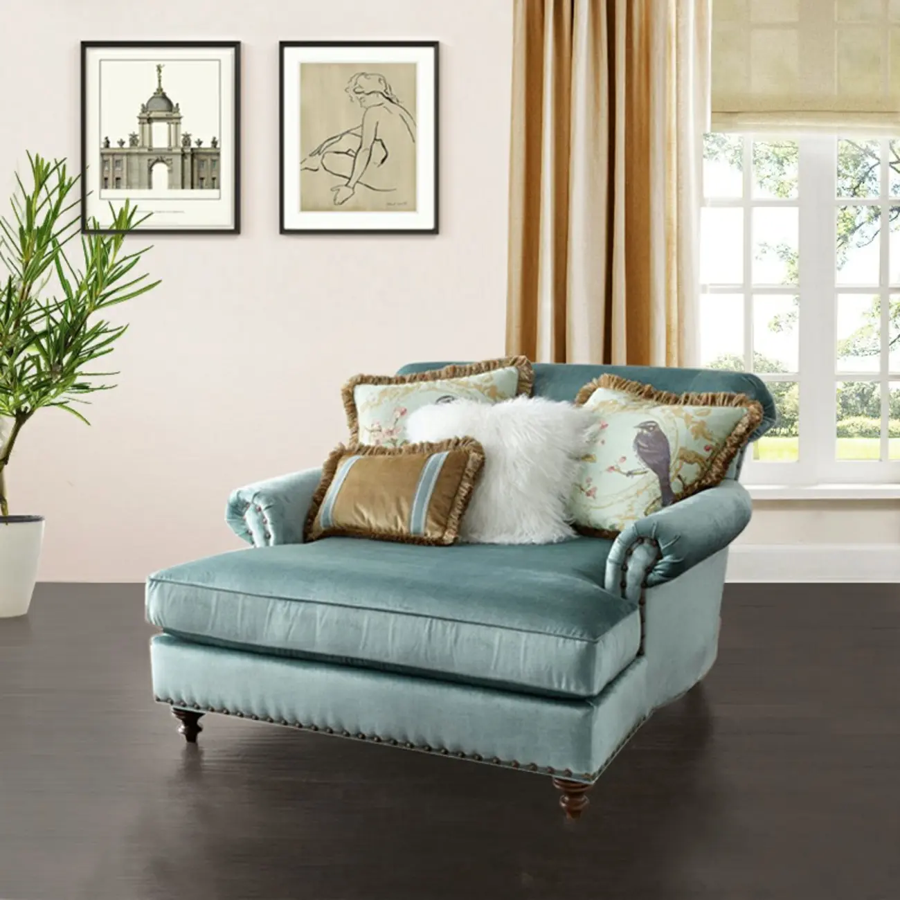 Elegant Solid Velvet Upholstery Nailhead Chaise Lounge Image - 4 | homeyfad