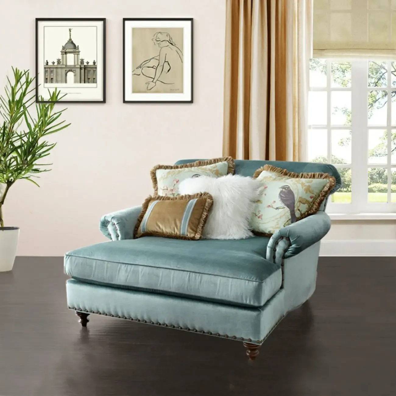 Elegant Solid Velvet Upholstery Nailhead Chaise Lounge Image - 4