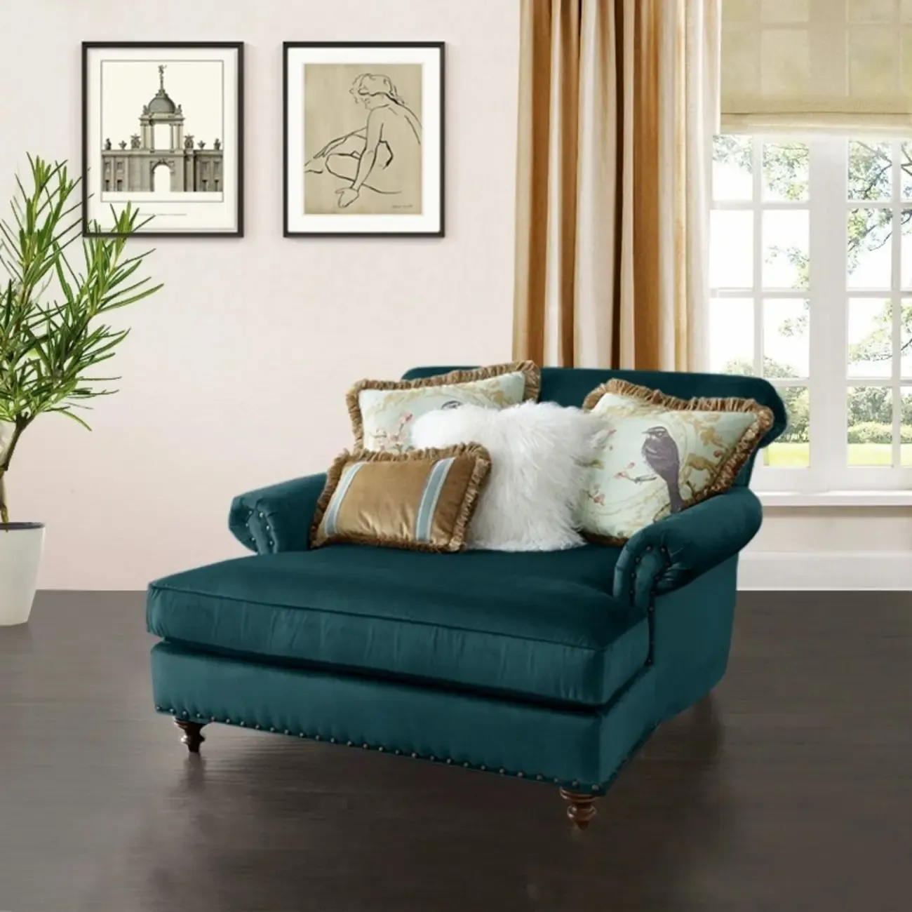 Elegant Solid Velvet Upholstery Nailhead Chaise Lounge Image - 5