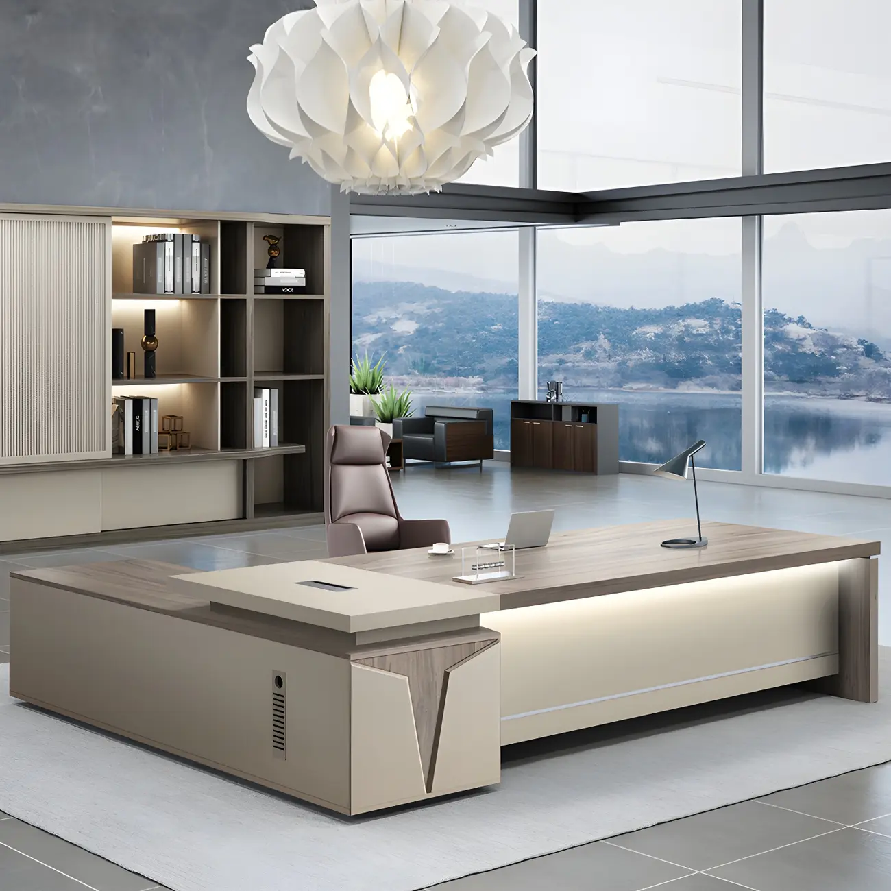 Beige L-Shaped Wood Executive Desk with Shelves and Drawers Image - 1 | homeyfad