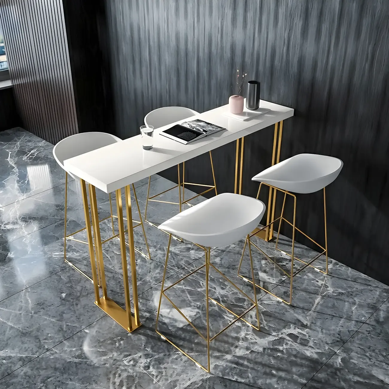 Glam White Wood Gold Iron Sled Bar Tables Image - 3