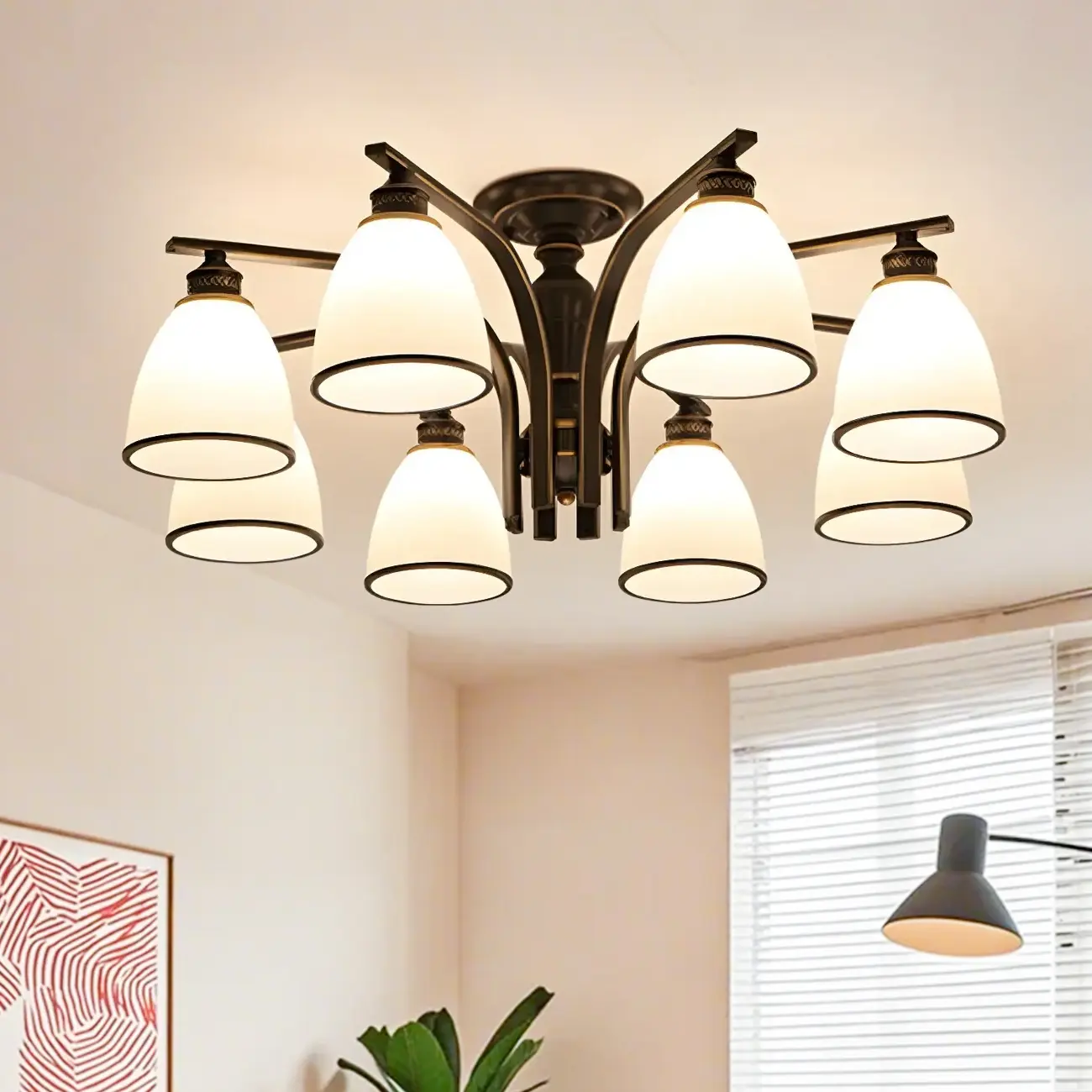 Traditional Black Down Bell Frosted Glass Semi Flush Mount Light Image - 1 | homeyfad