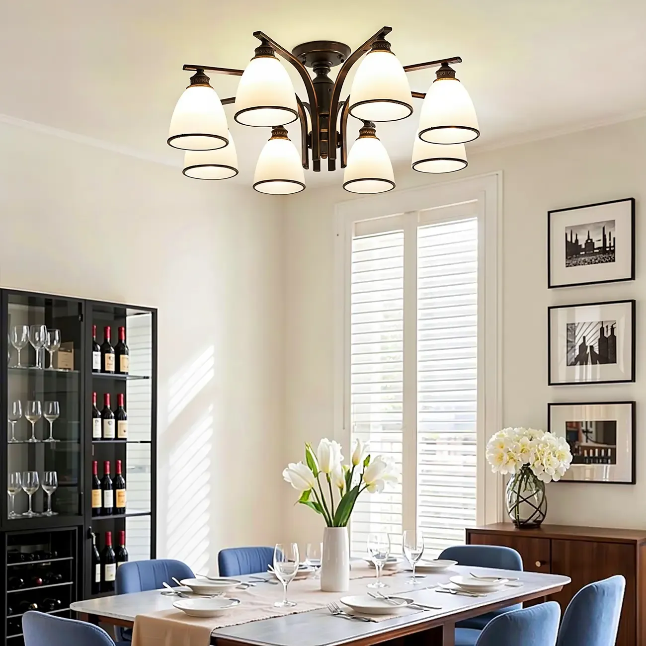 Traditional Black Down Bell Frosted Glass Semi Flush Mount Light Image - 2