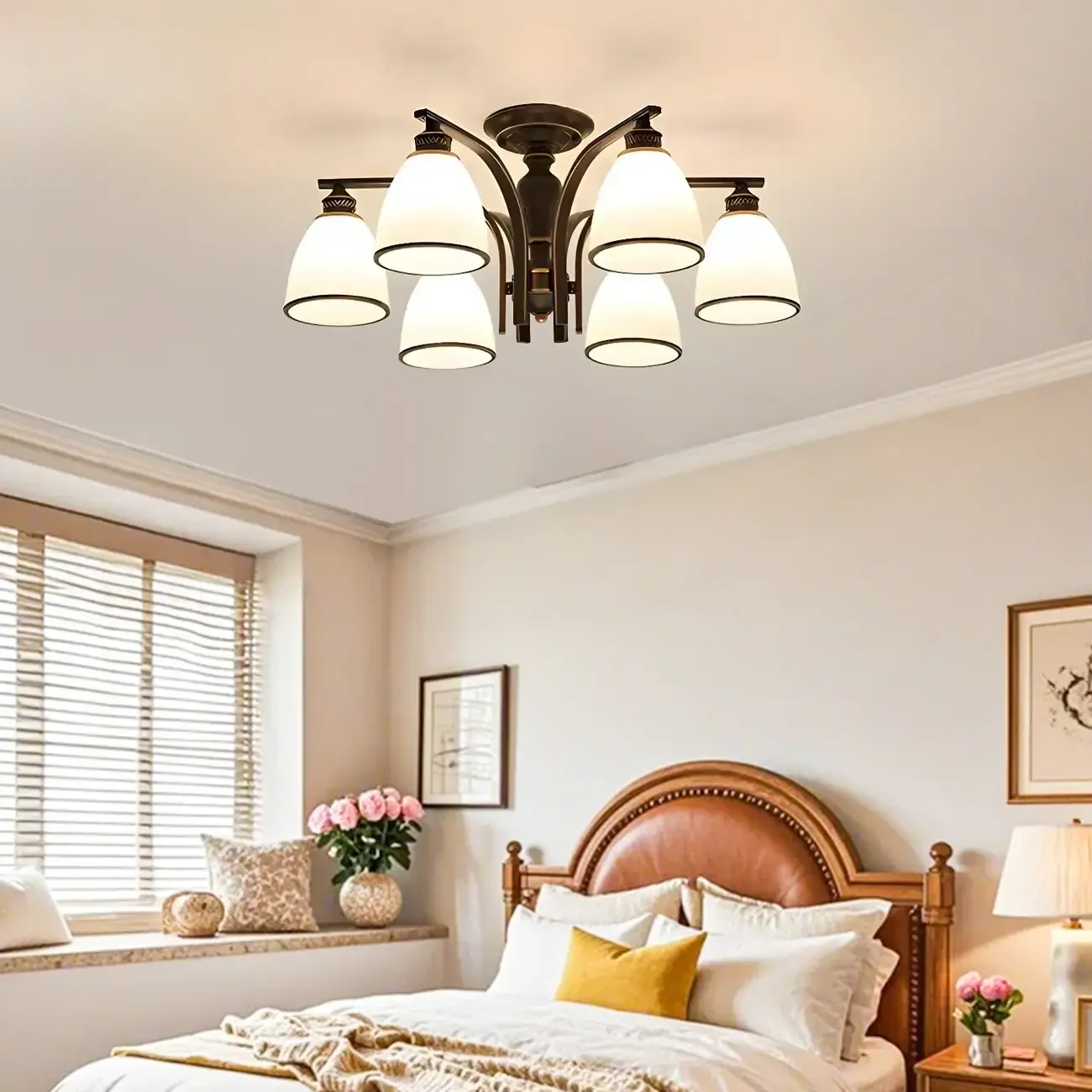 Traditional Black Down Bell Frosted Glass Semi Flush Mount Light Image - 3