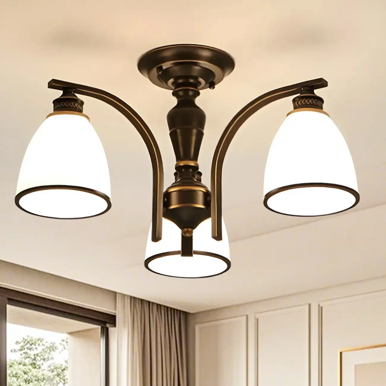 Traditional Black Down Bell Frosted Glass Semi Flush Mount Light Image - 4 | homeyfad