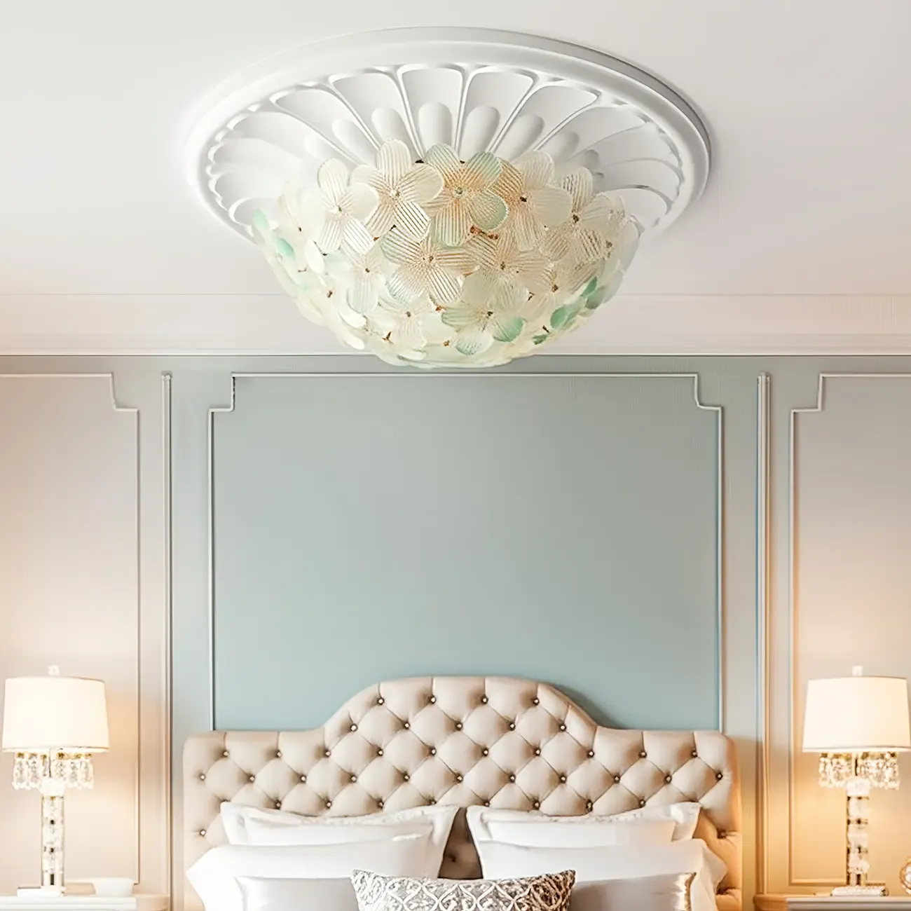 Elegant Floral Glass Dome Semi Flush Ceiling Light Image - 1