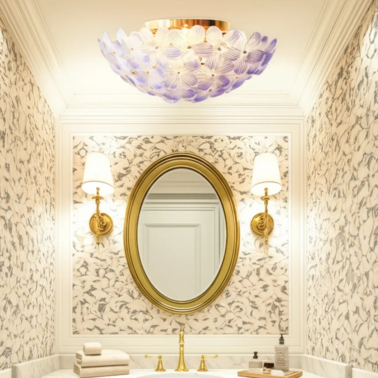 Elegant Floral Glass Dome Semi Flush Ceiling Light Image - 5