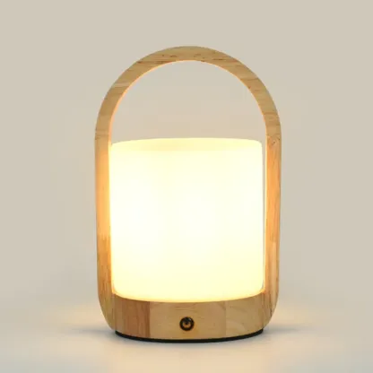 Natural Wood Barrel Glass Shade Cordless Table Lamp Image - 6