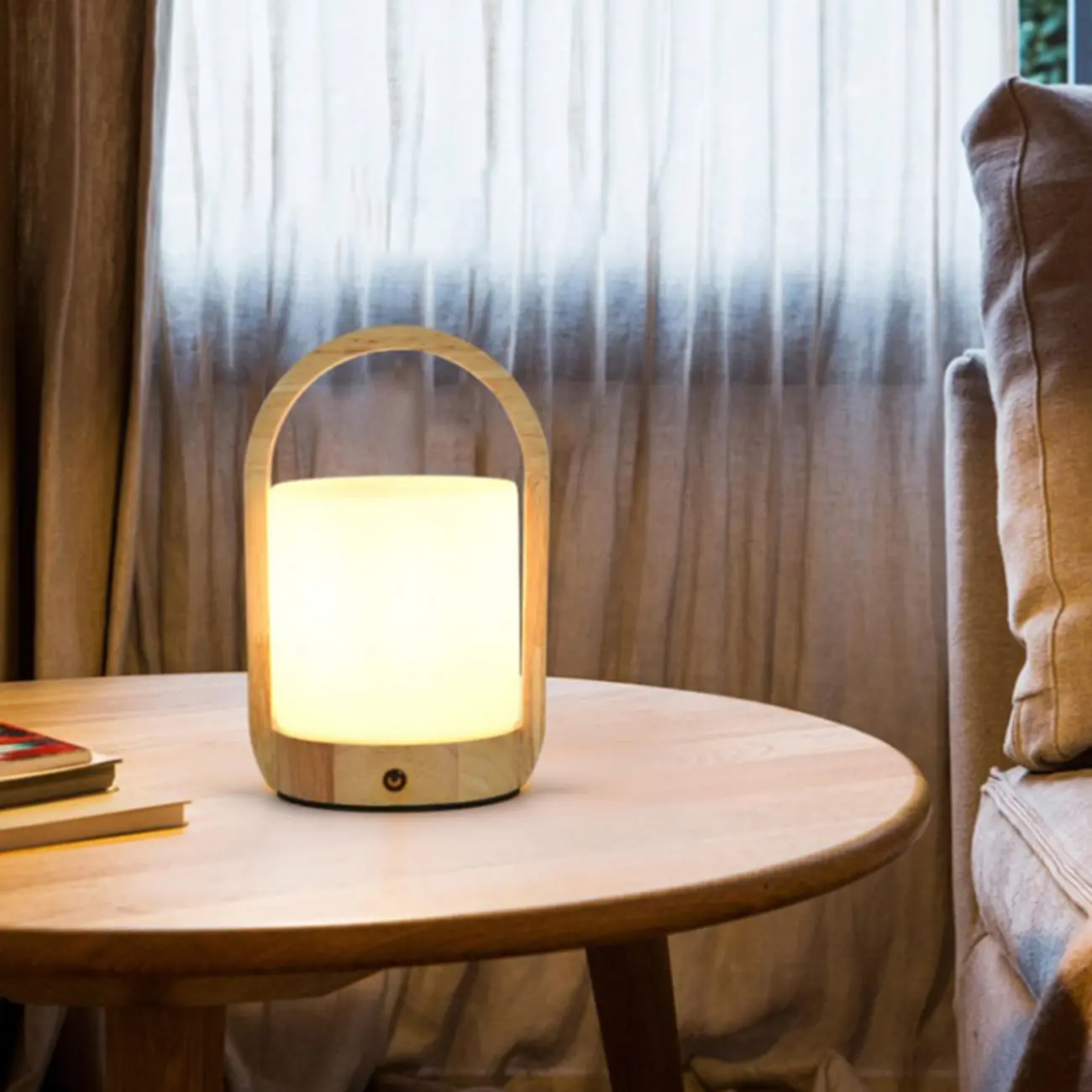 Natural Wood Barrel Glass Shade Cordless Table Lamp Image - 9 | homeyfad
