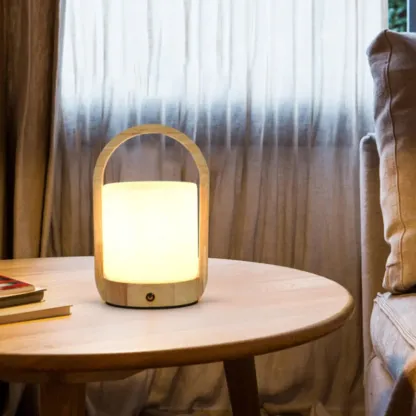 Natural Wood Barrel Glass Shade Cordless Table Lamp Image - 9