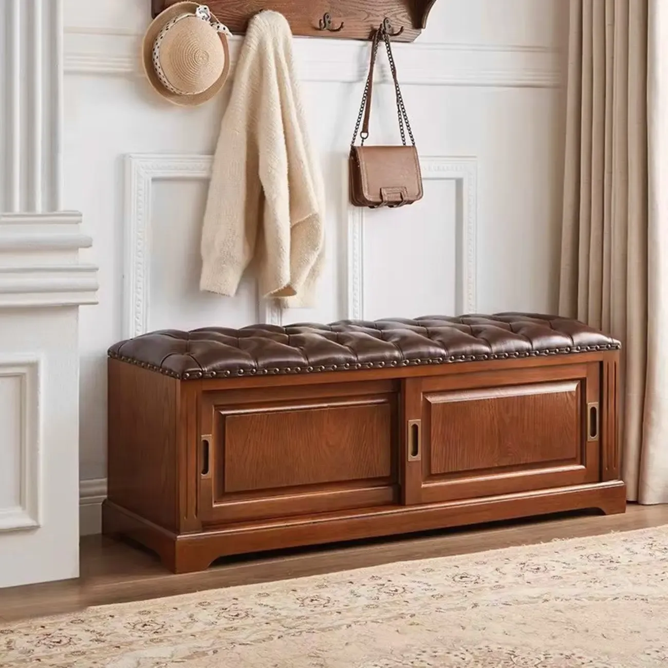 Retro Wood Upholstered Shoe Storage Bench with Sliding Doors Image - 3