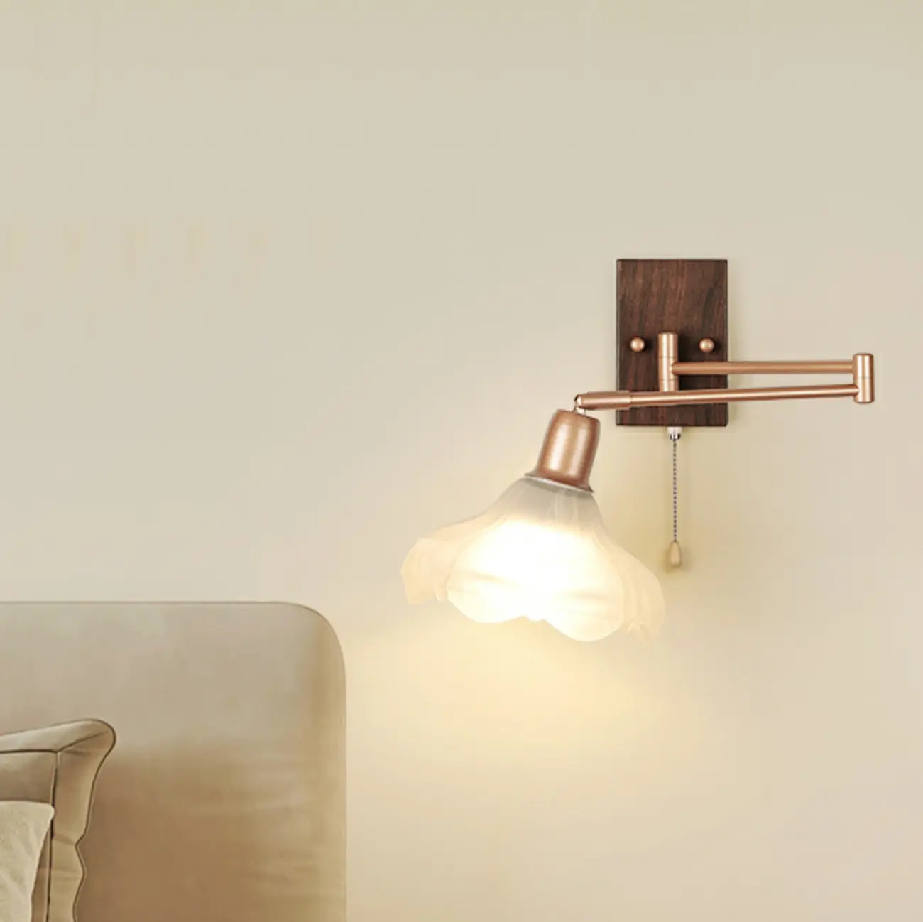 Vintage Walnut Metal Swing Arm Wall Light with Pull Chain Switch Image - 6 | homeyfad