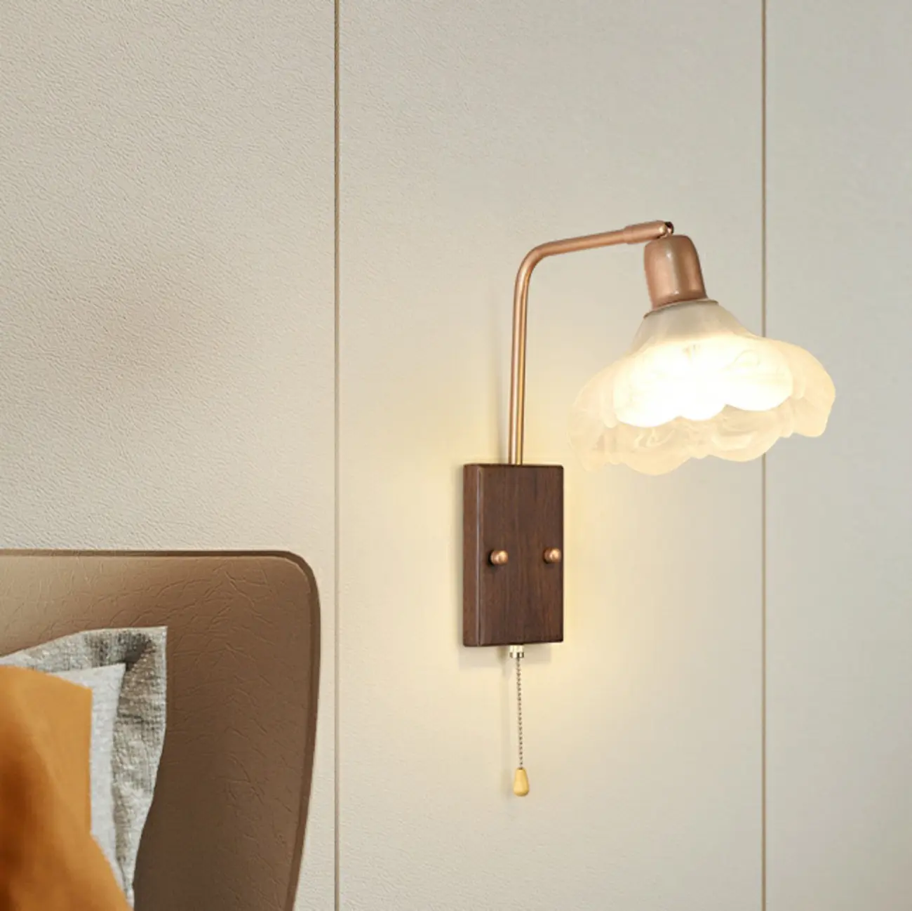 Vintage Walnut Metal Swing Arm Wall Light with Pull Chain Switch Image - 4 | homeyfad