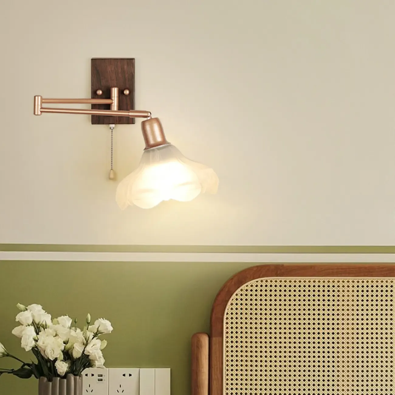 Vintage Walnut Metal Swing Arm Wall Light with Pull Chain Switch Image - 1