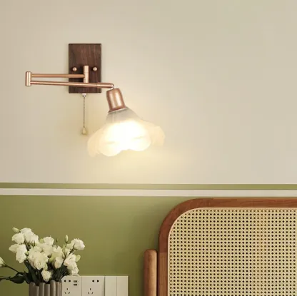 Vintage Walnut Metal Swing Arm Wall Light with Pull Chain Switch Image - 1