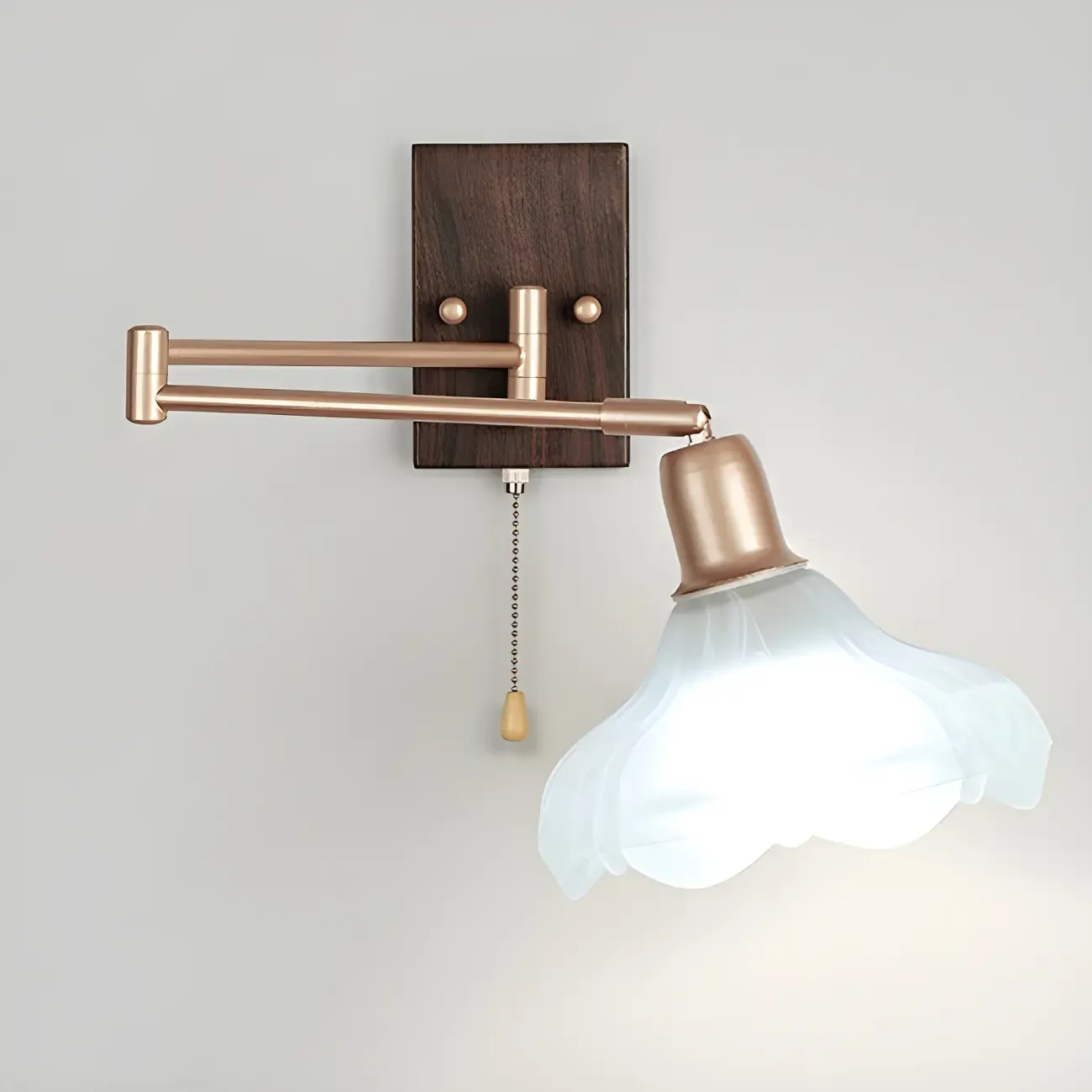 Vintage Walnut Metal Swing Arm Wall Light with Pull Chain Switch Image - 9