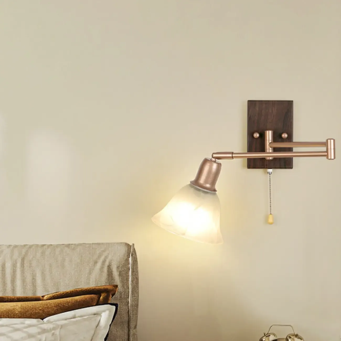 Vintage Walnut Metal Swing Arm Wall Light with Pull Chain Switch Image - 12