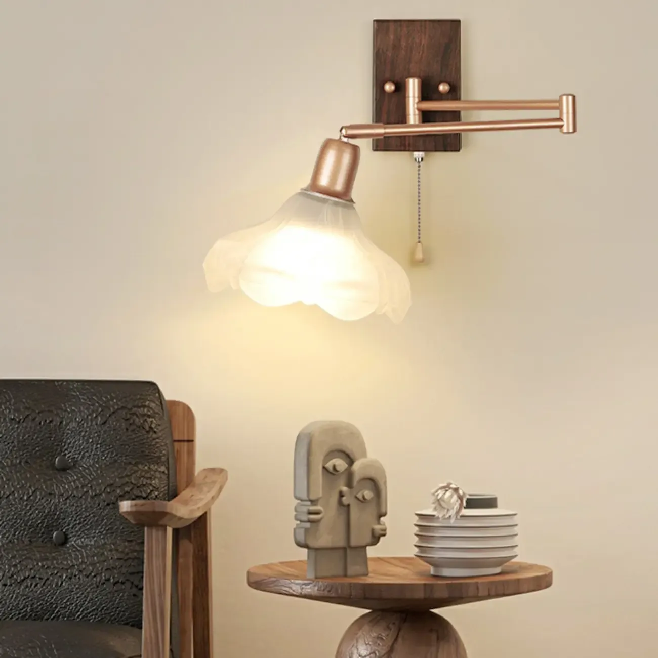 Vintage Walnut Metal Swing Arm Wall Light with Pull Chain Switch Image - 2