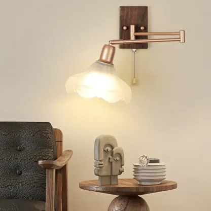 Vintage Walnut Metal Swing Arm Wall Light with Pull Chain Switch Image - 2