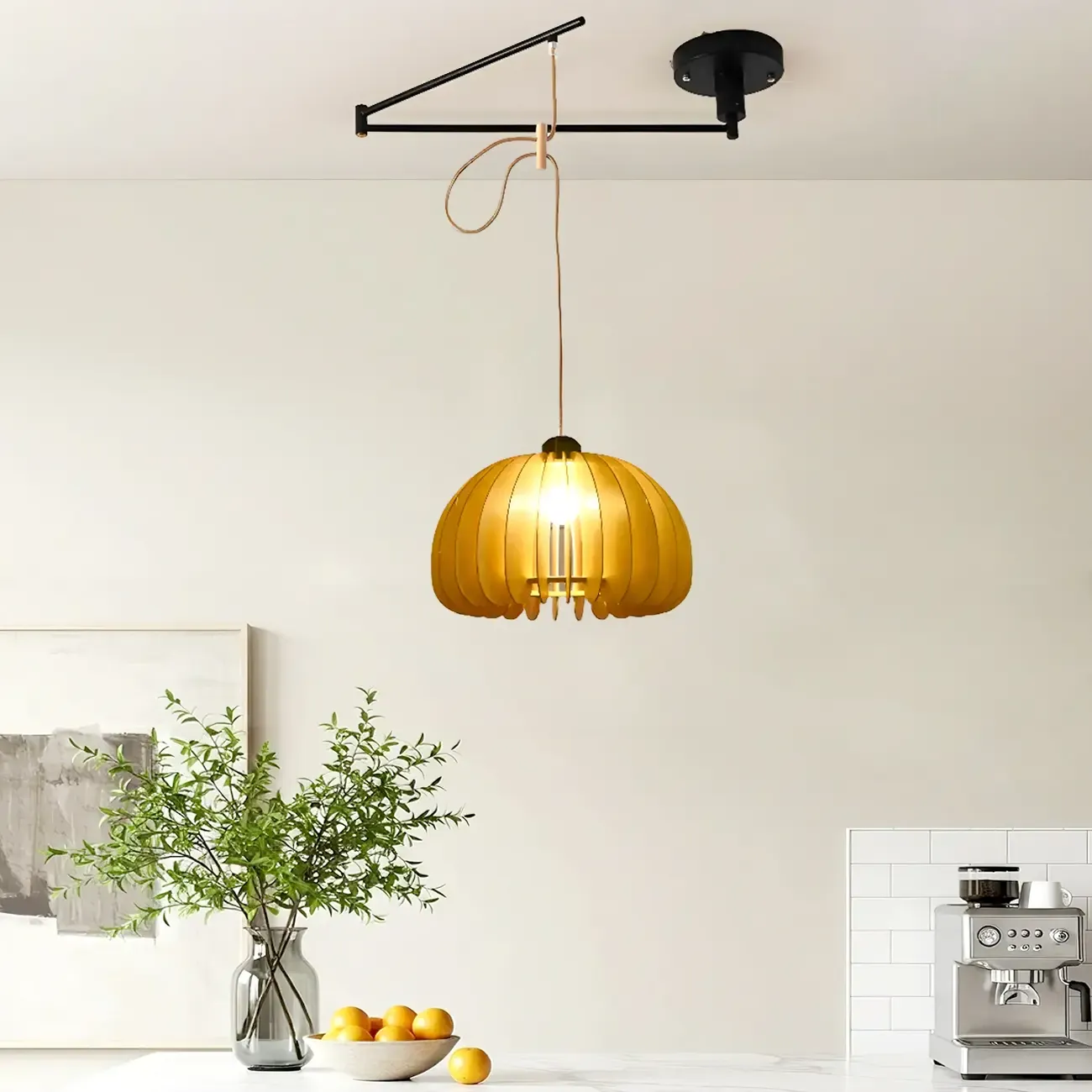 Modern Flexible Round Pendant Light in Solid Wood and Metal Image - 6