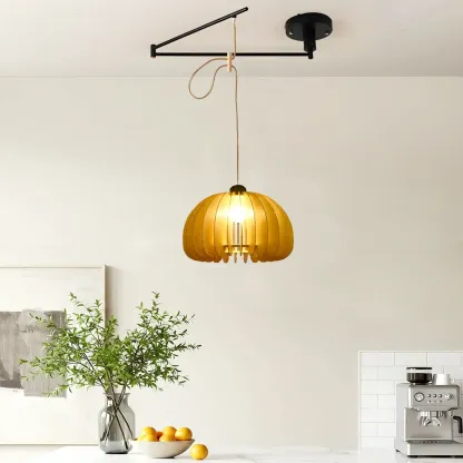 Modern Flexible Round Pendant Light in Solid Wood and Metal Image - 6