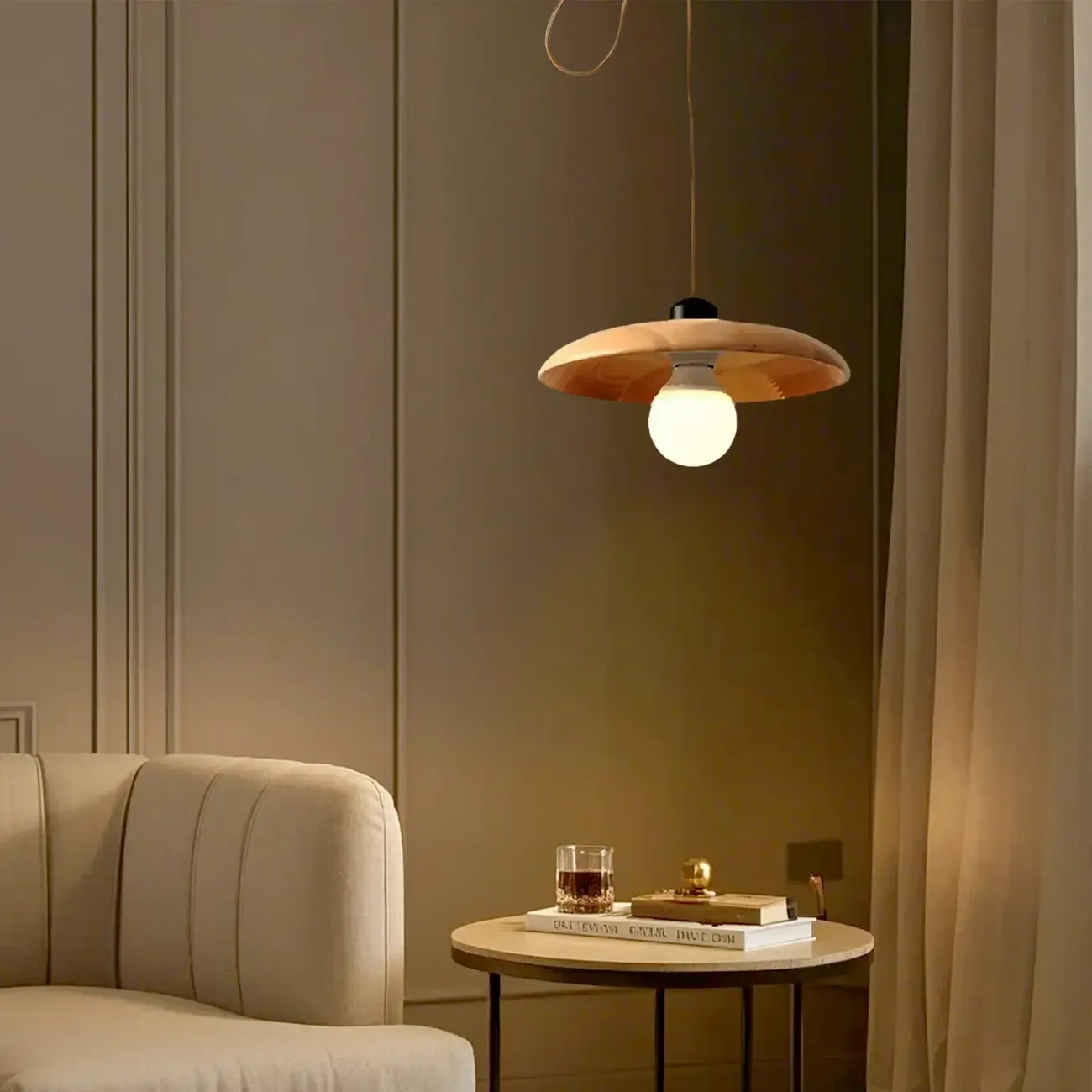 Modern Flexible Round Pendant Light in Solid Wood and Metal Image - 8