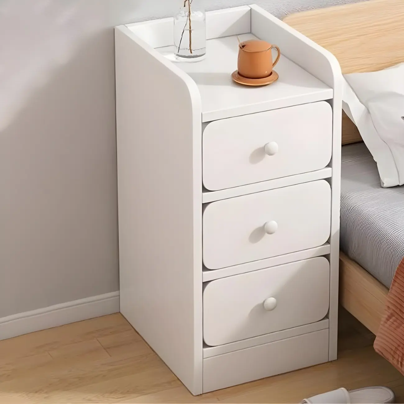 Narrow Square Wooden White 3 Drawers Bedside Table Image - 1 | homeyfad
