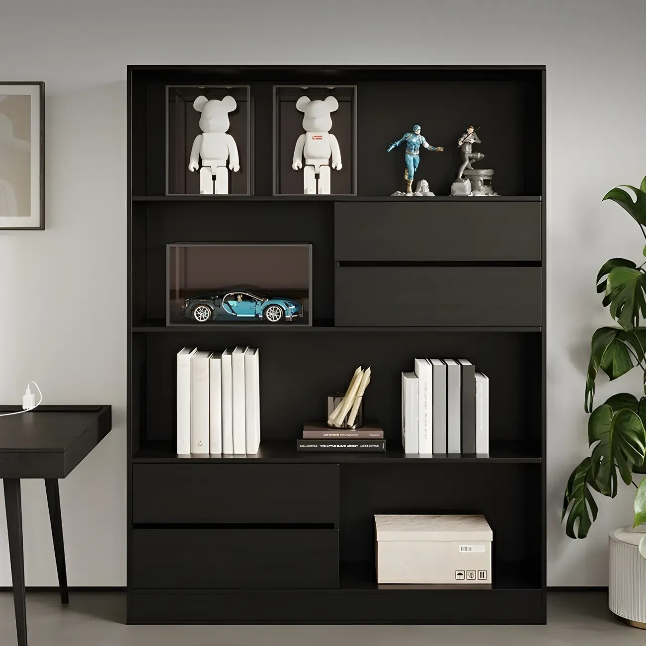 Contemporary Wood Multi-Shelf Black Storage Bookcase Image - 6