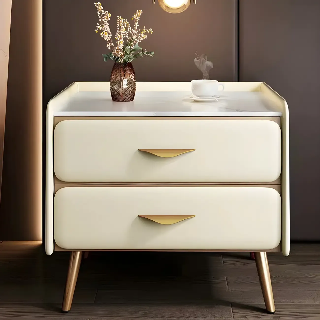 Stone Top Leather 2 Drawers Nightstand with Gold Legs & Handles Image - 1