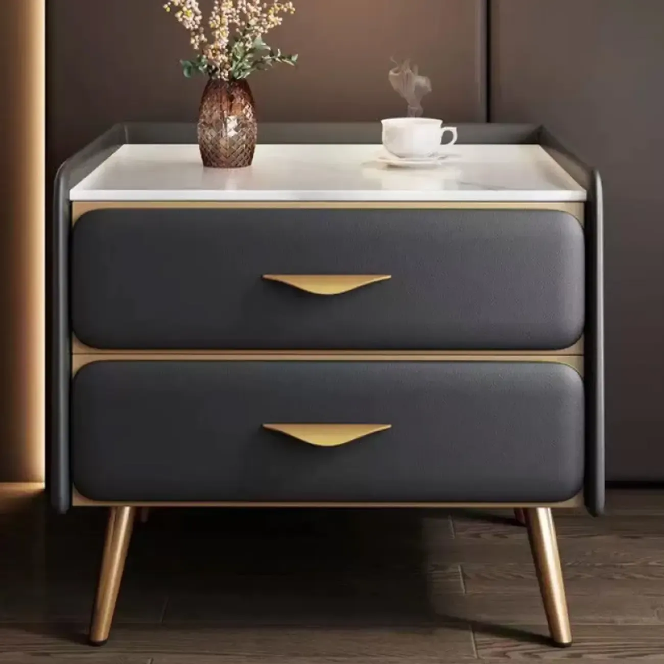 Stone Top Leather 2 Drawers Nightstand with Gold Legs & Handles Image - 7