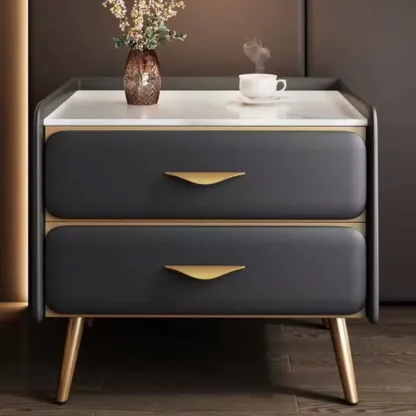 Stone Top Leather 2 Drawers Nightstand with Gold Legs & Handles Image - 7