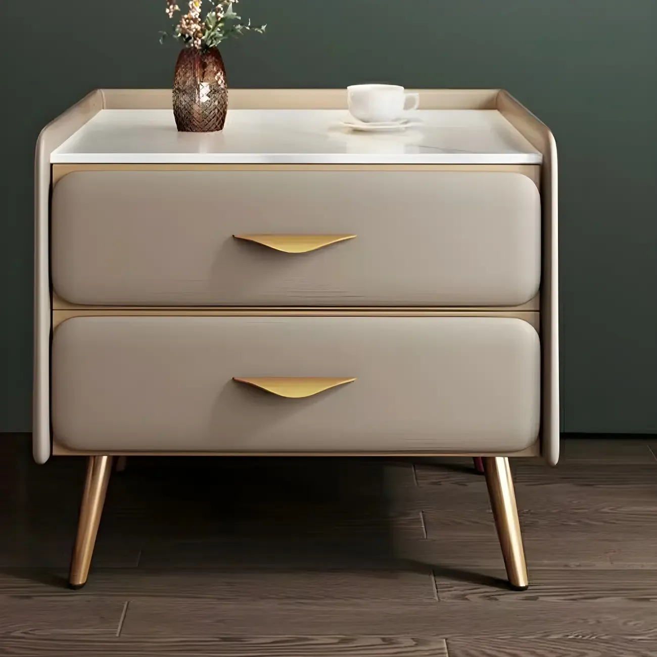 Stone Top Leather 2 Drawers Nightstand with Gold Legs & Handles Image - 10
